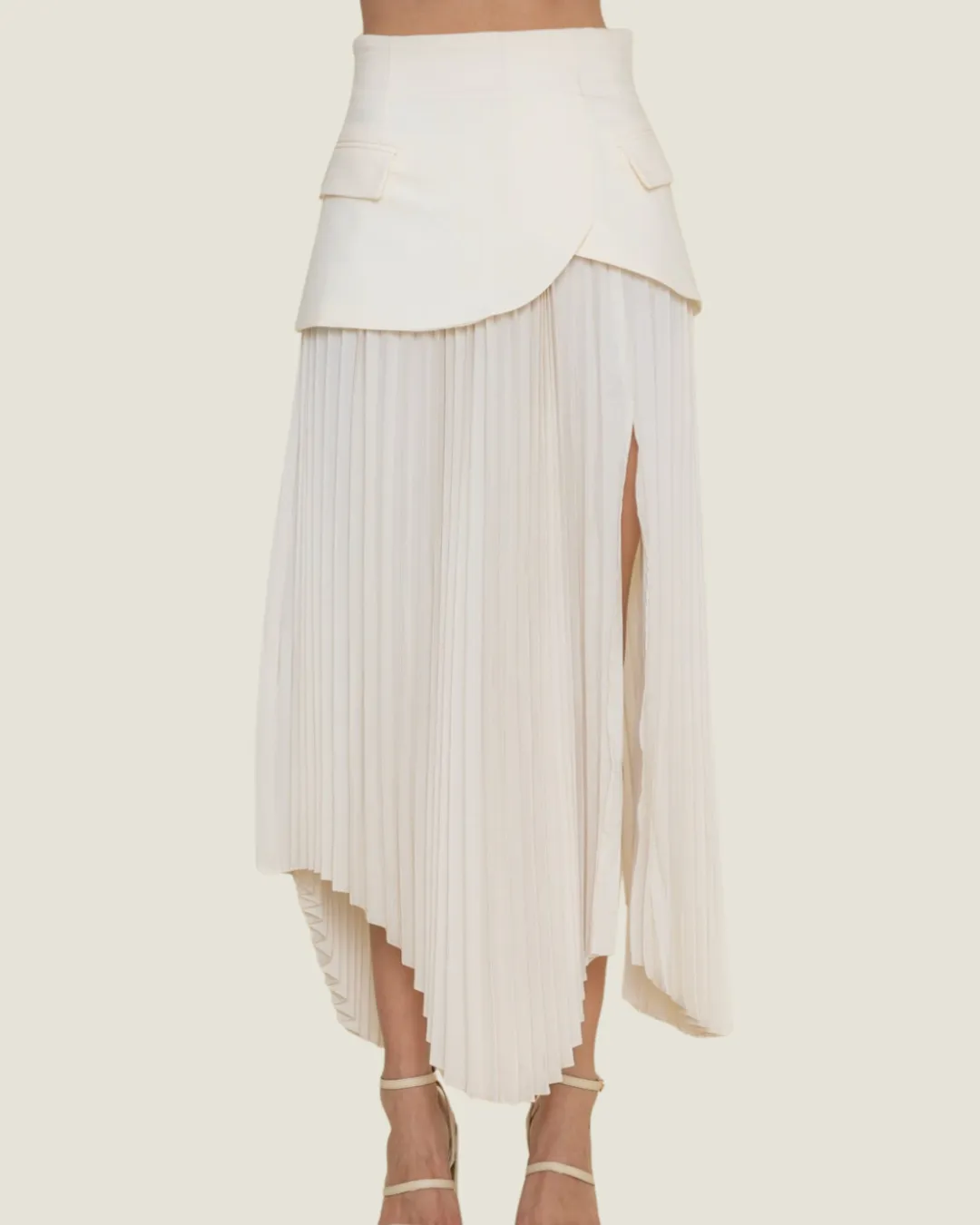 The Jennifer: Contrast Ivory Asymmetric Pleated Slit Skirt