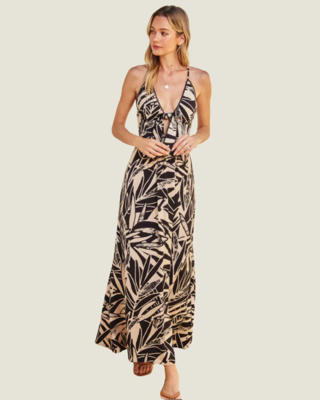 The Madeline: Sand and Black Pattern Sleeveless Midi