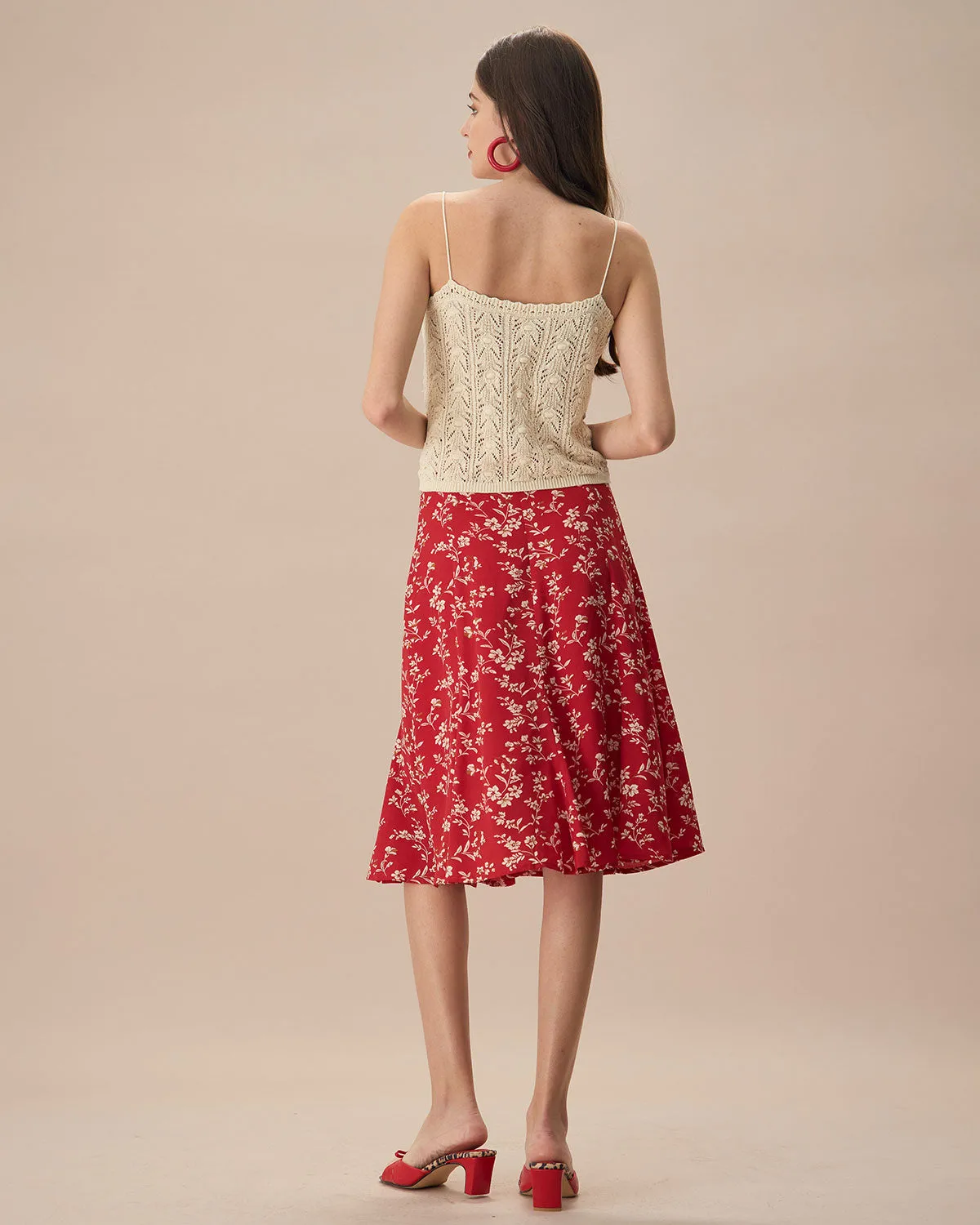 The Red High-Waisted Floral Midi Skirt