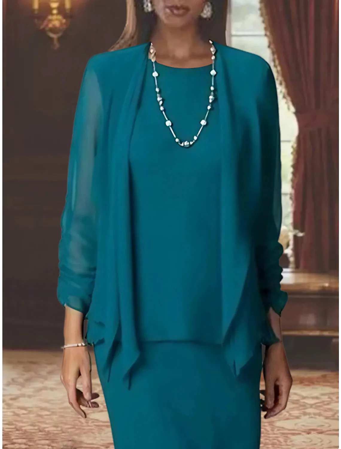 Two Piece Mother of the Bride Dress Formal Scoop Neck Floor Length Chiffon Long Sleeve Wrap Included with Solid Color