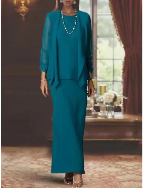 Two Piece Mother of the Bride Dress Formal Scoop Neck Floor Length Chiffon Long Sleeve Wrap Included with Solid Color