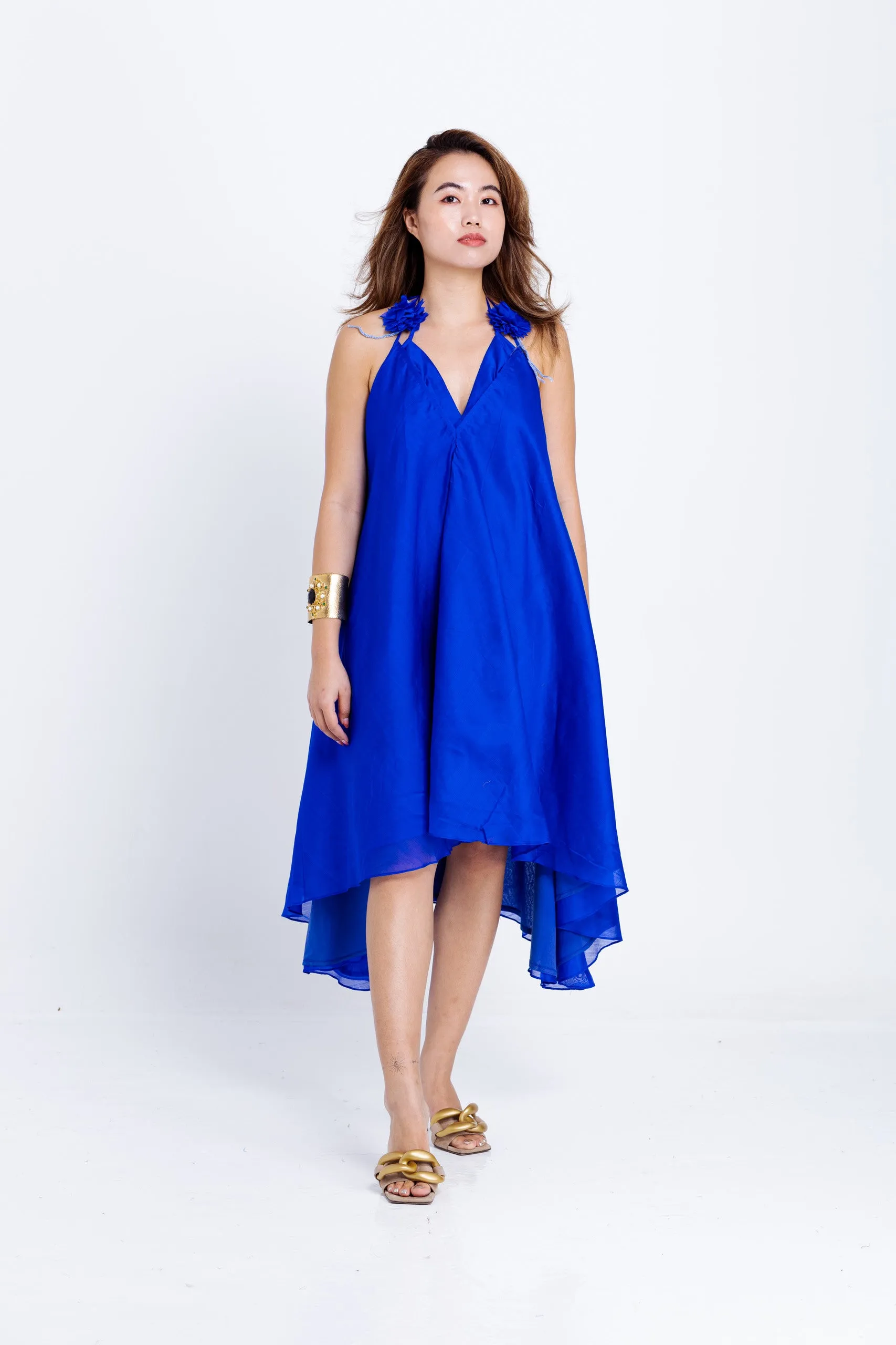 Twyla Backless Strappy Dress with Bralette Top - Royal Blue Chanderi