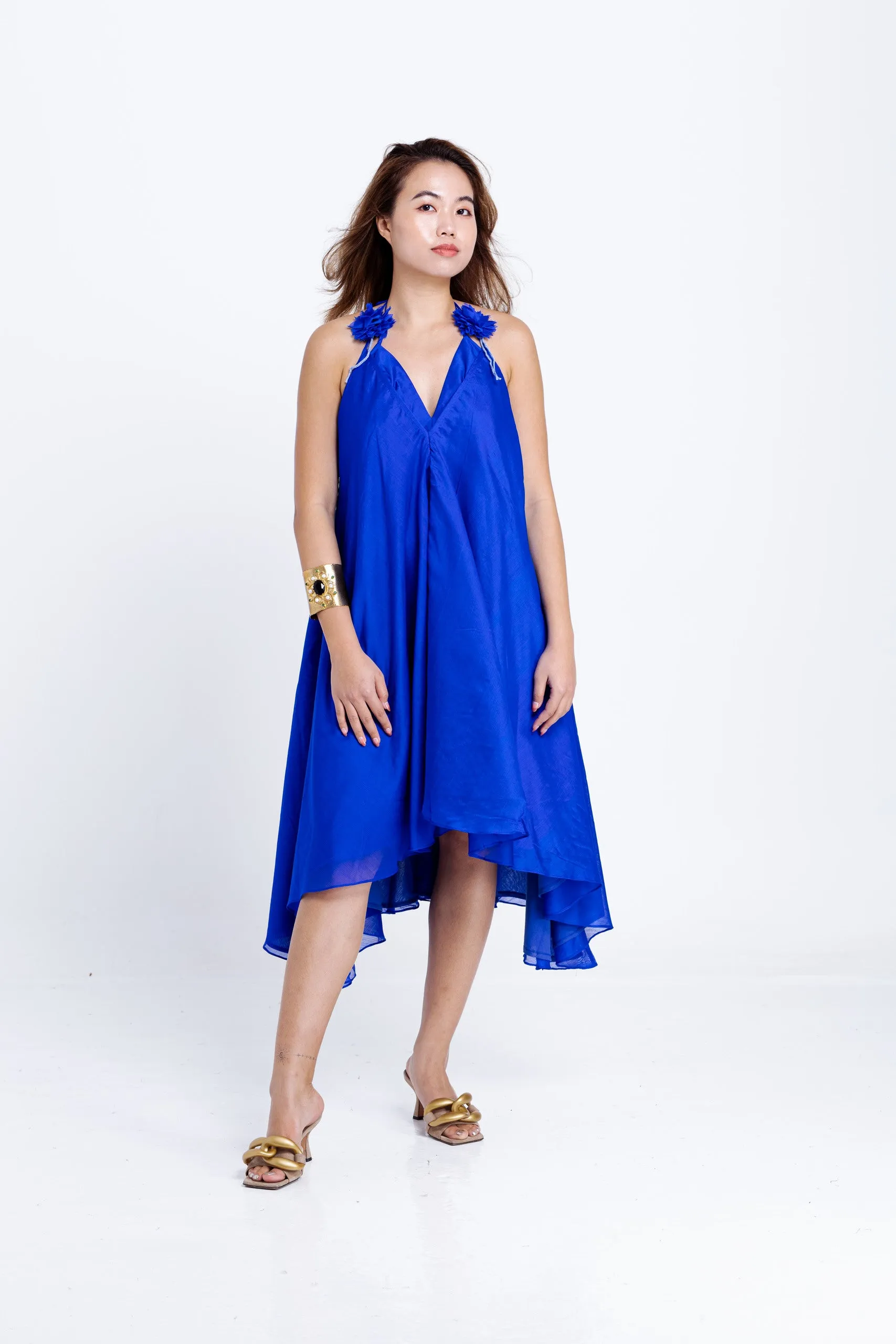 Twyla Backless Strappy Dress with Bralette Top - Royal Blue Chanderi