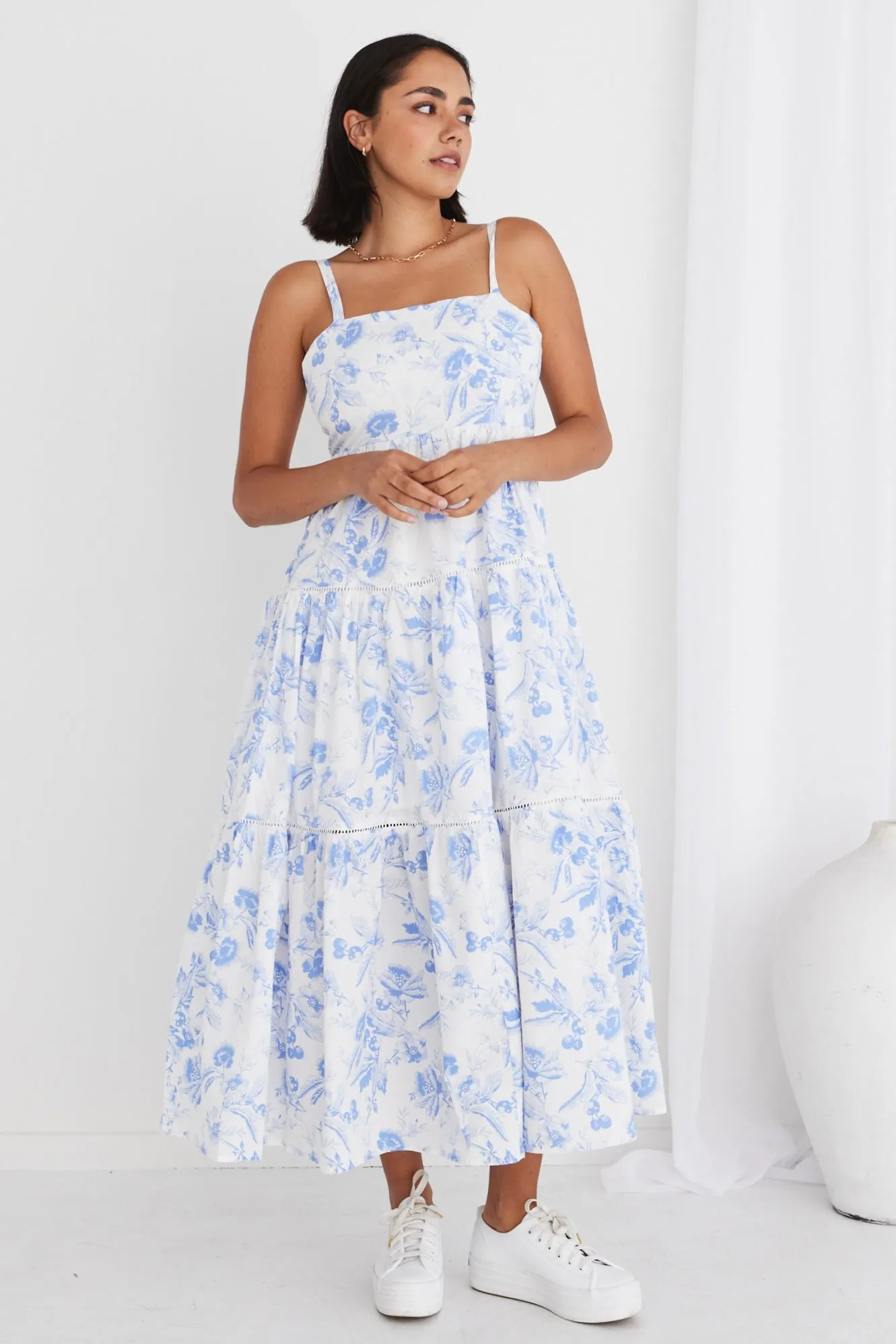 Universe Blue Floral Tie Back Tiered Strappy Maxi Dress