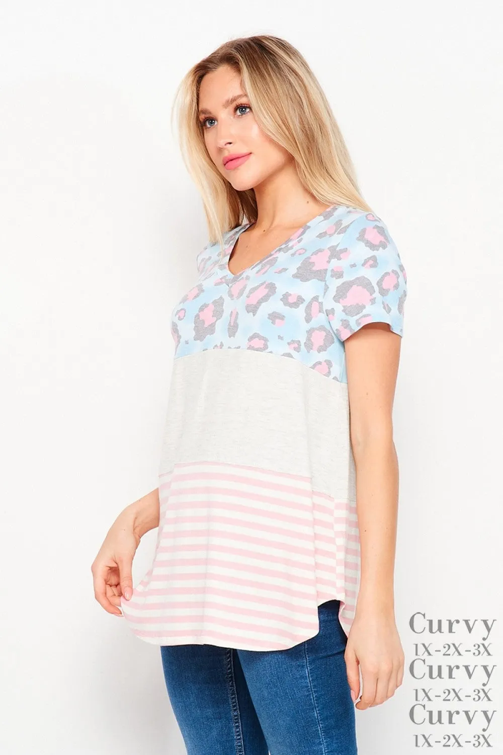 V-Neck Short Sleeve Tunic Blue Pink