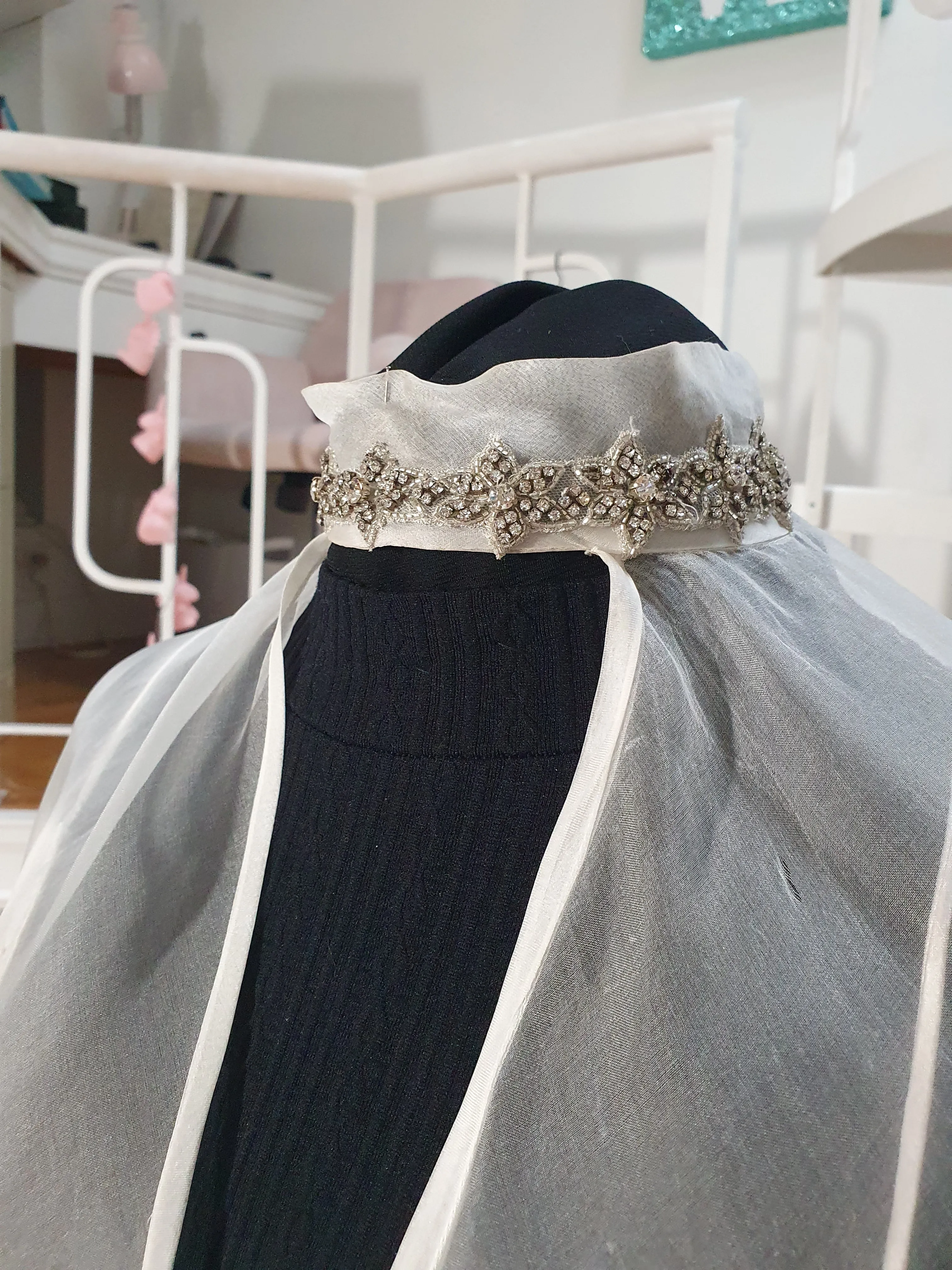 VC9: Silk organza veil cape with crystal details at neck and arm holes