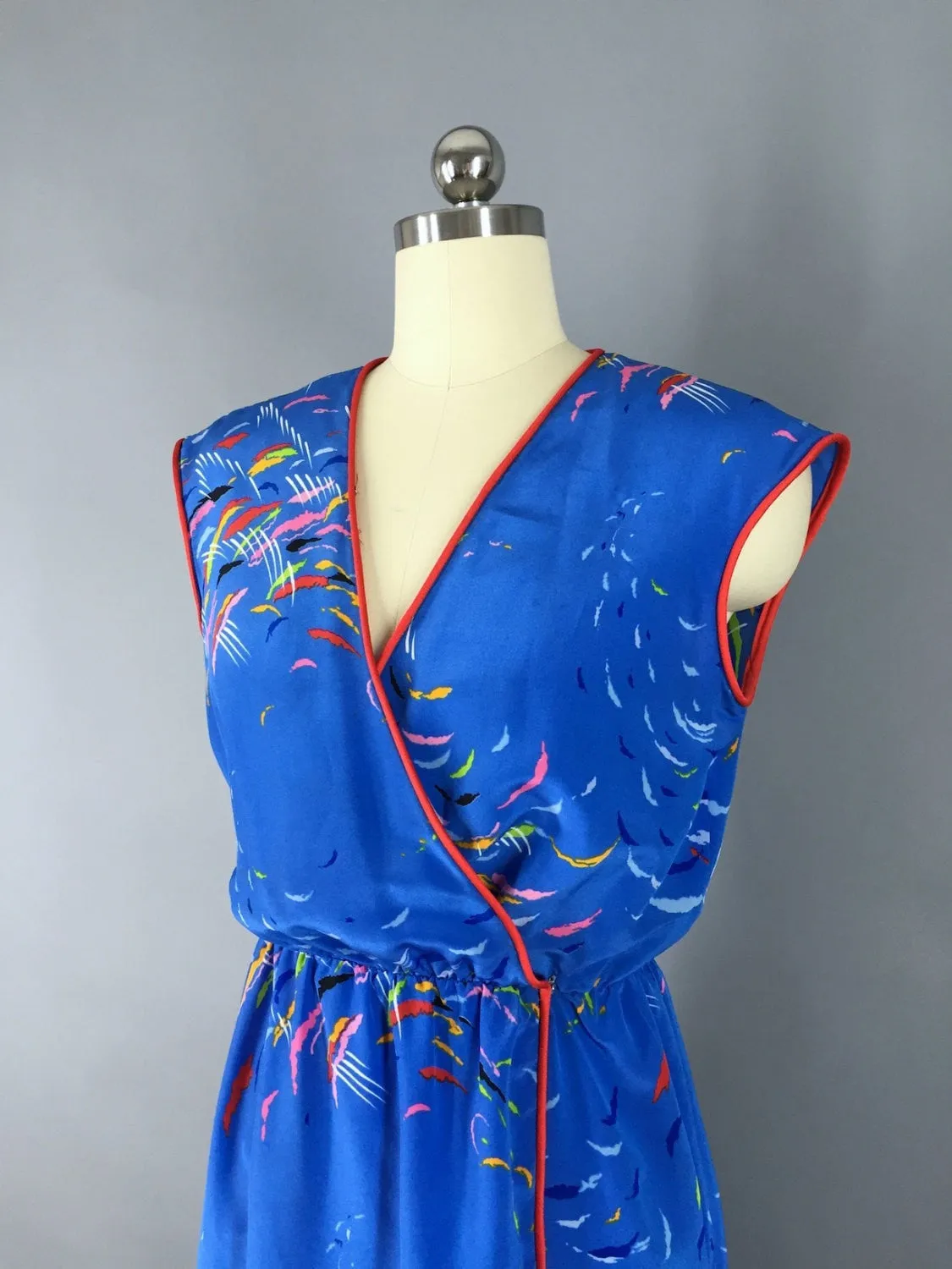 Vintage 1980s Dress / Blue Novelty Print Day Dress