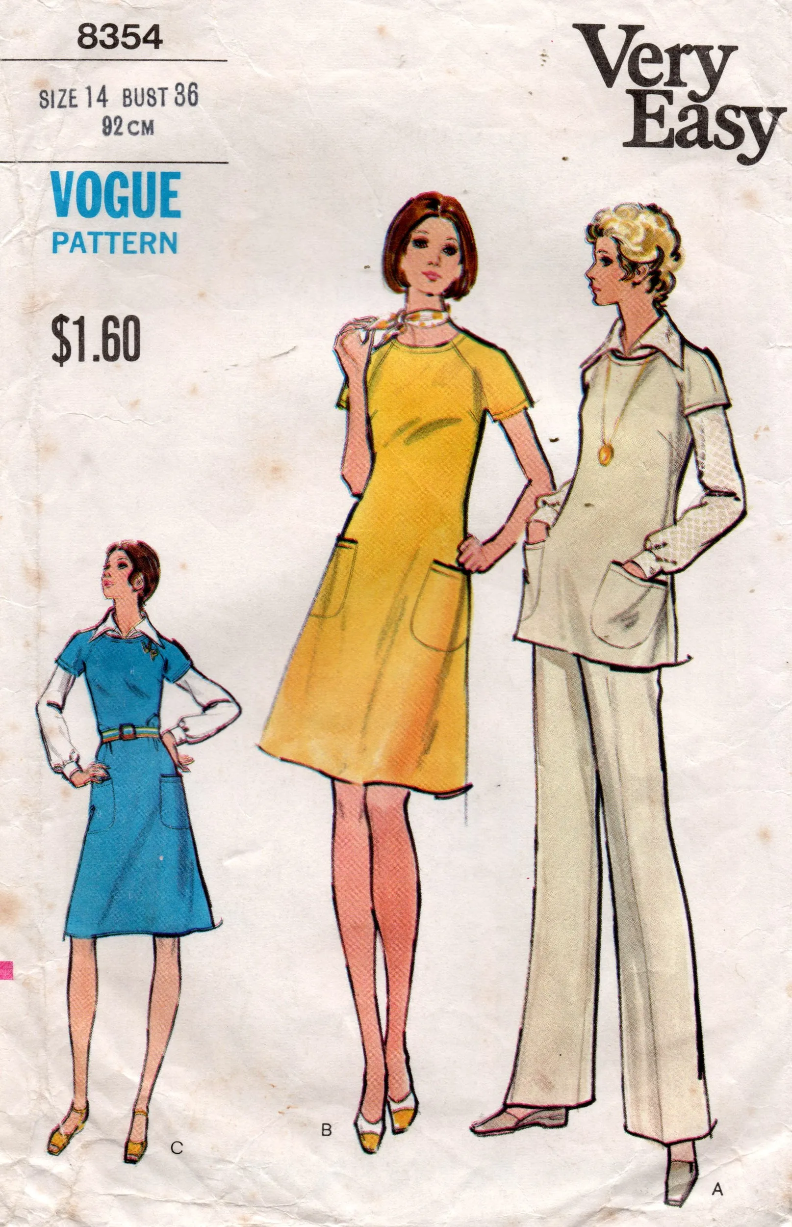 Vogue 8354 EASY Womens Raglan Sleeved Dress Jumper Tunic Blouse & Pants 1970s Vintage Sewing Pattern Size 14 Bust 36 inches