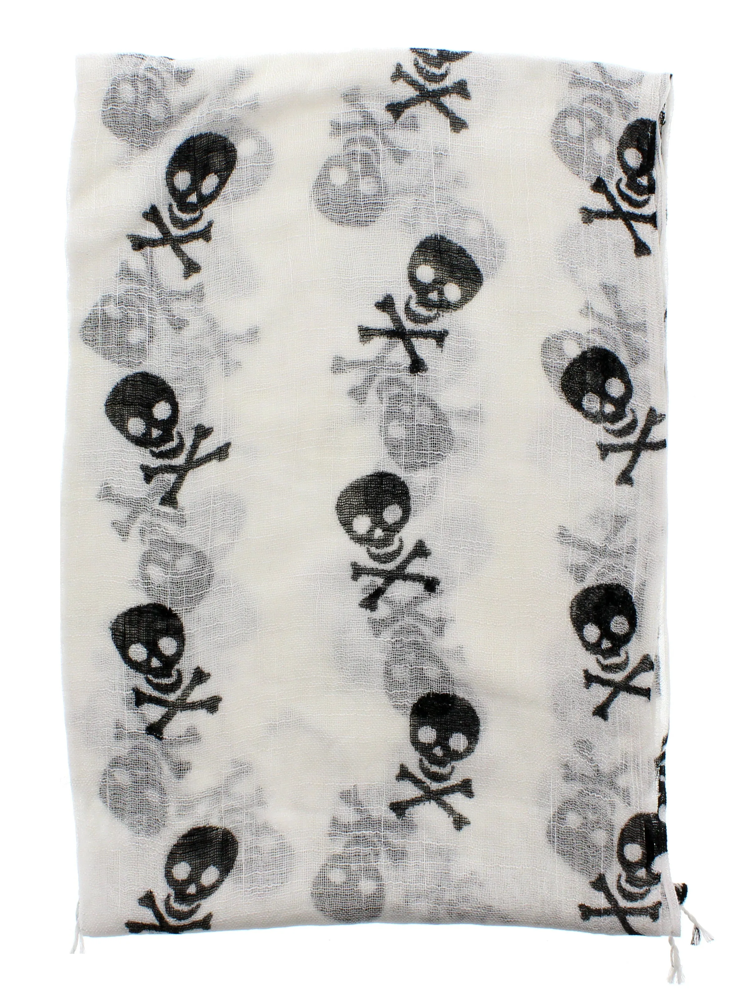 White Linen Look Scarf with Black Skull & Crossbones