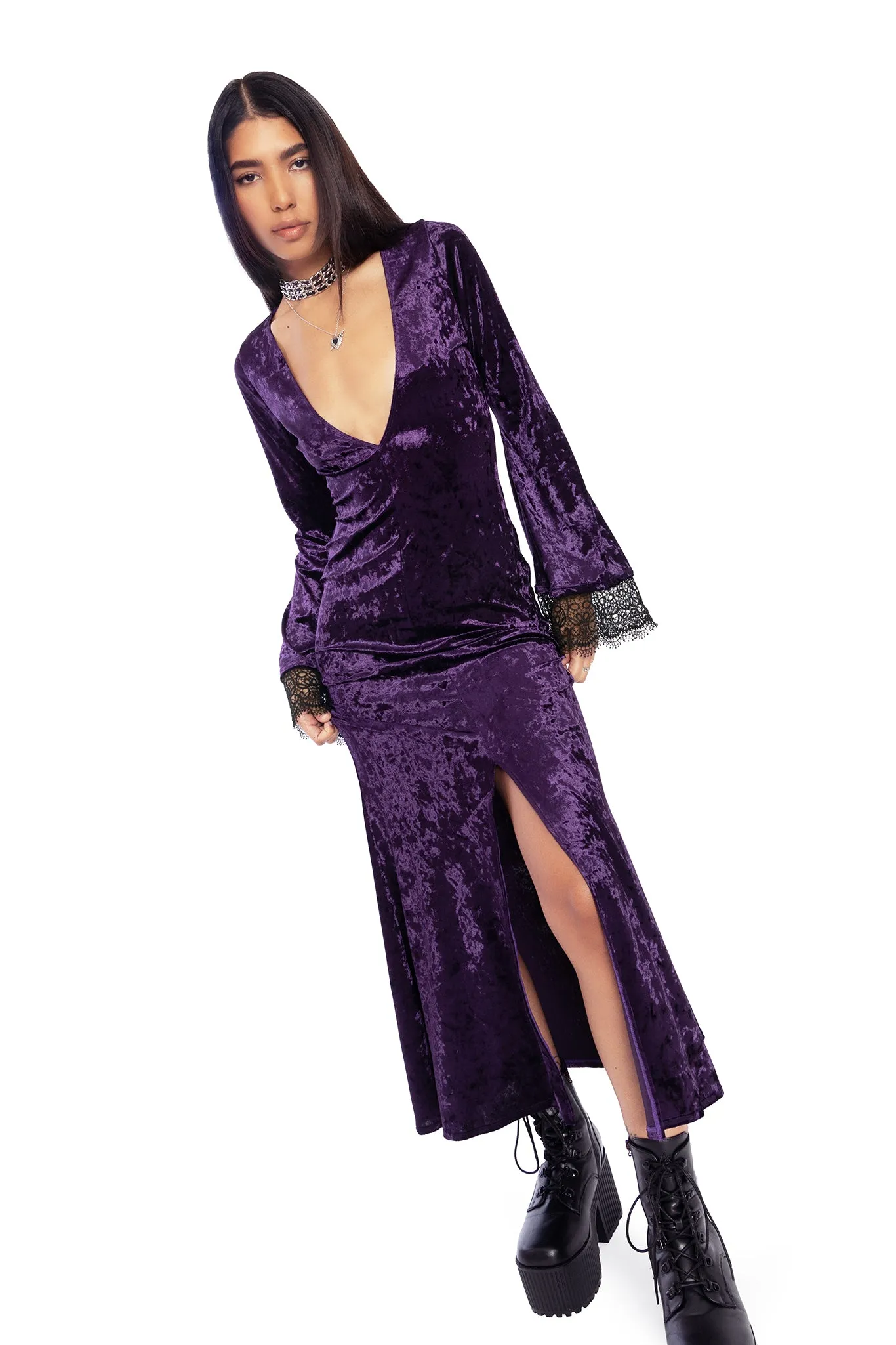 Wiccan Crushed Velvet Split Front Maxi Dress