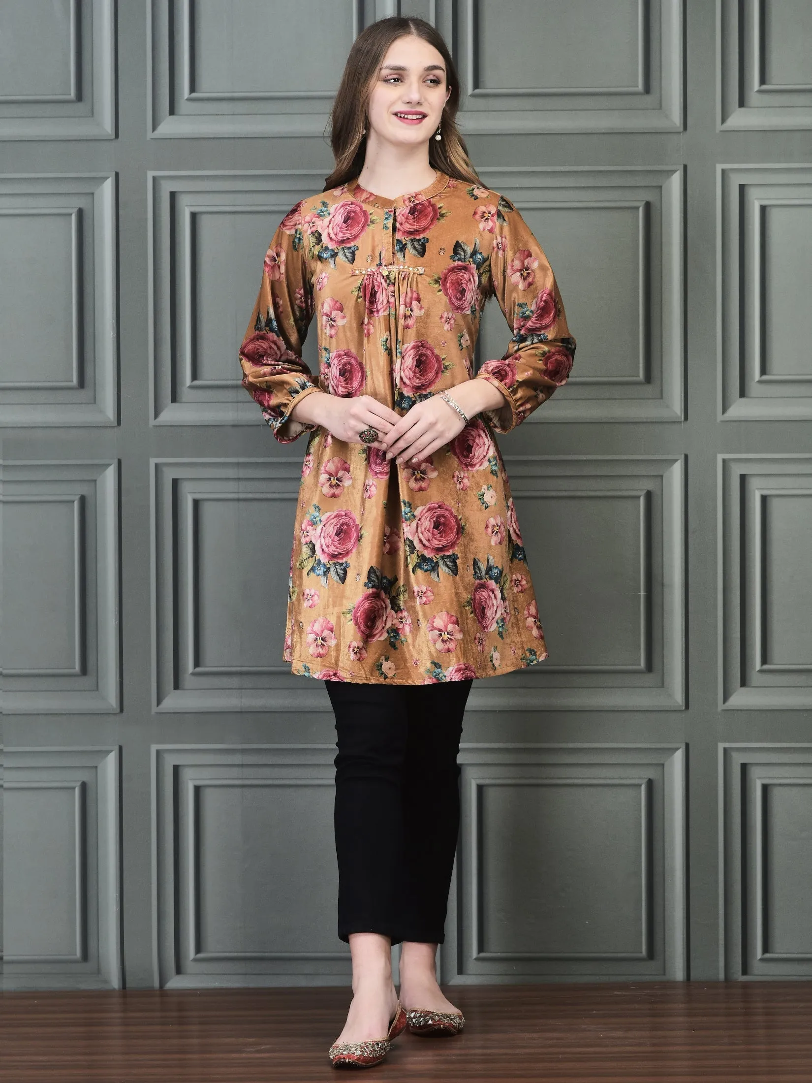 Women Winter Velvet Mustard Printed Tunic