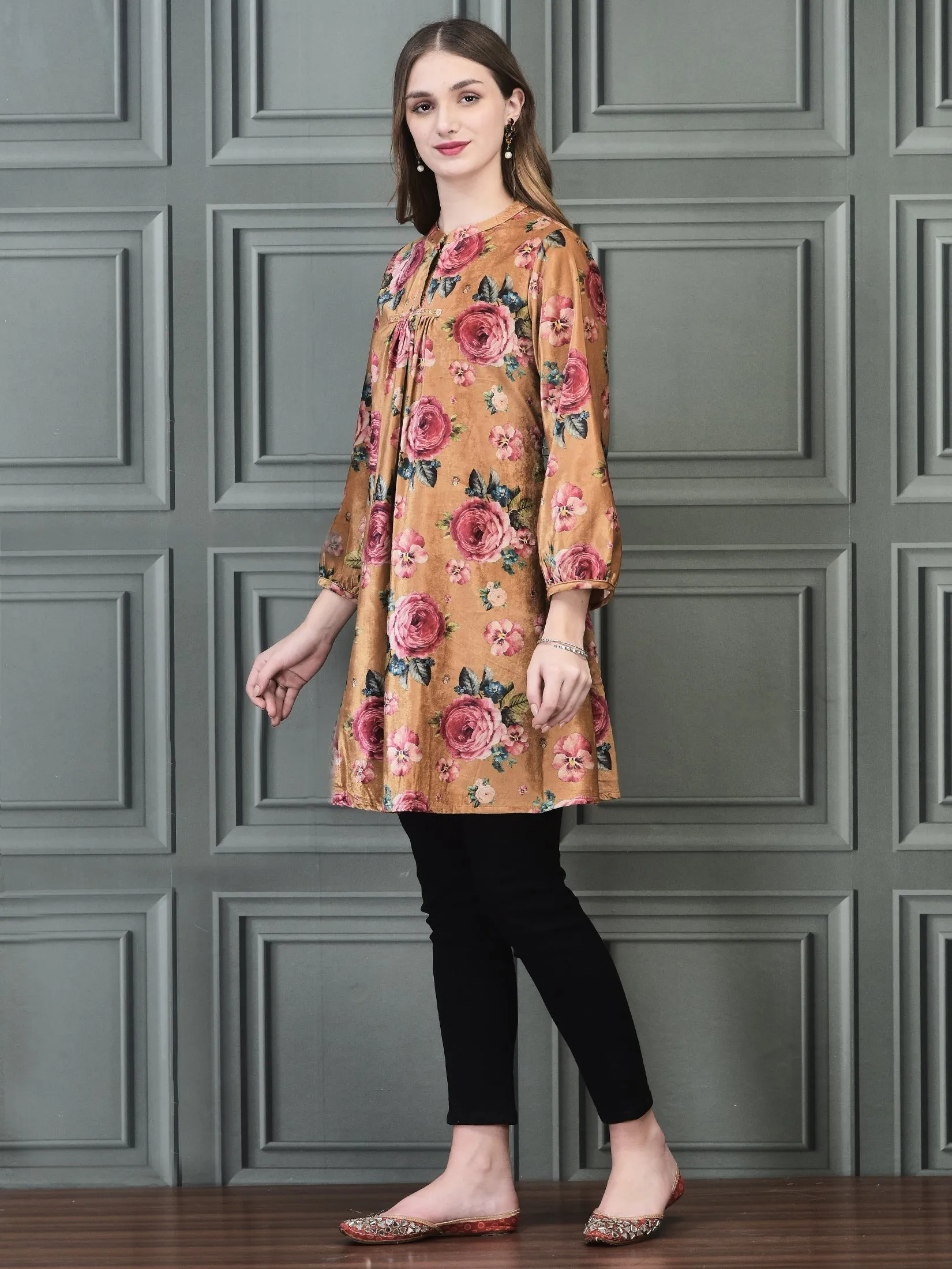 Women Winter Velvet Mustard Printed Tunic