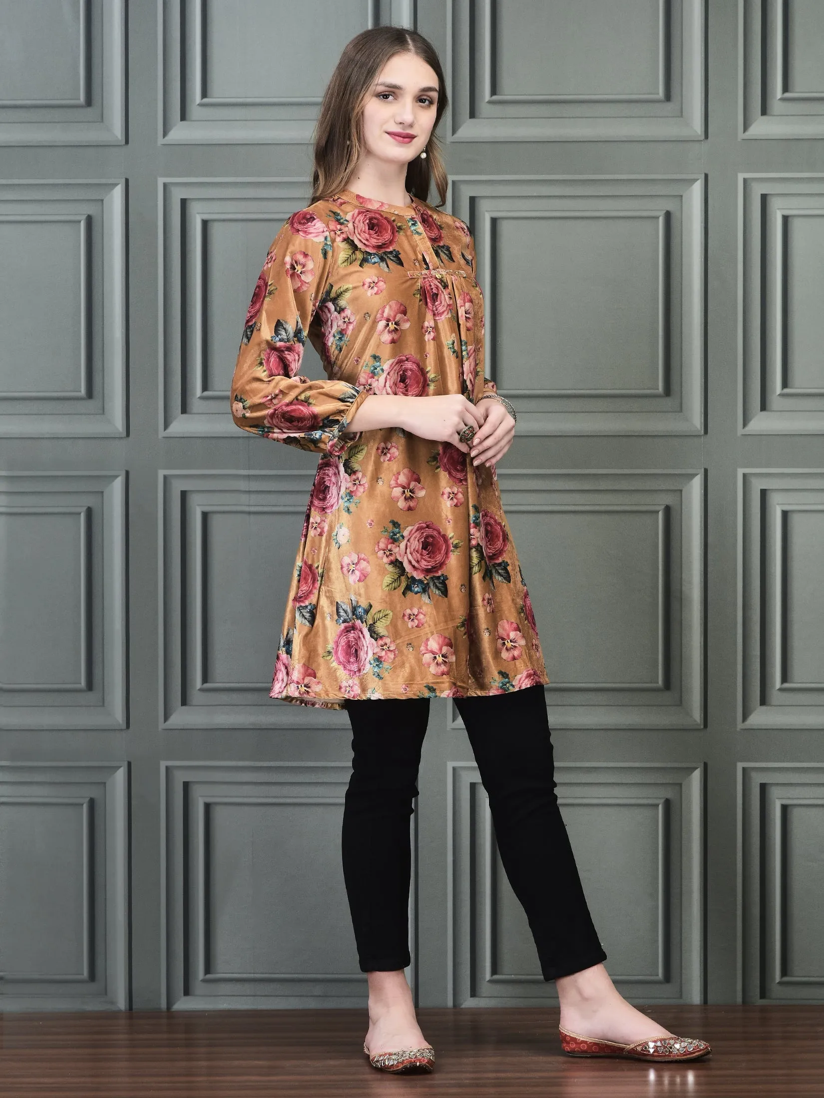 Women Winter Velvet Mustard Printed Tunic