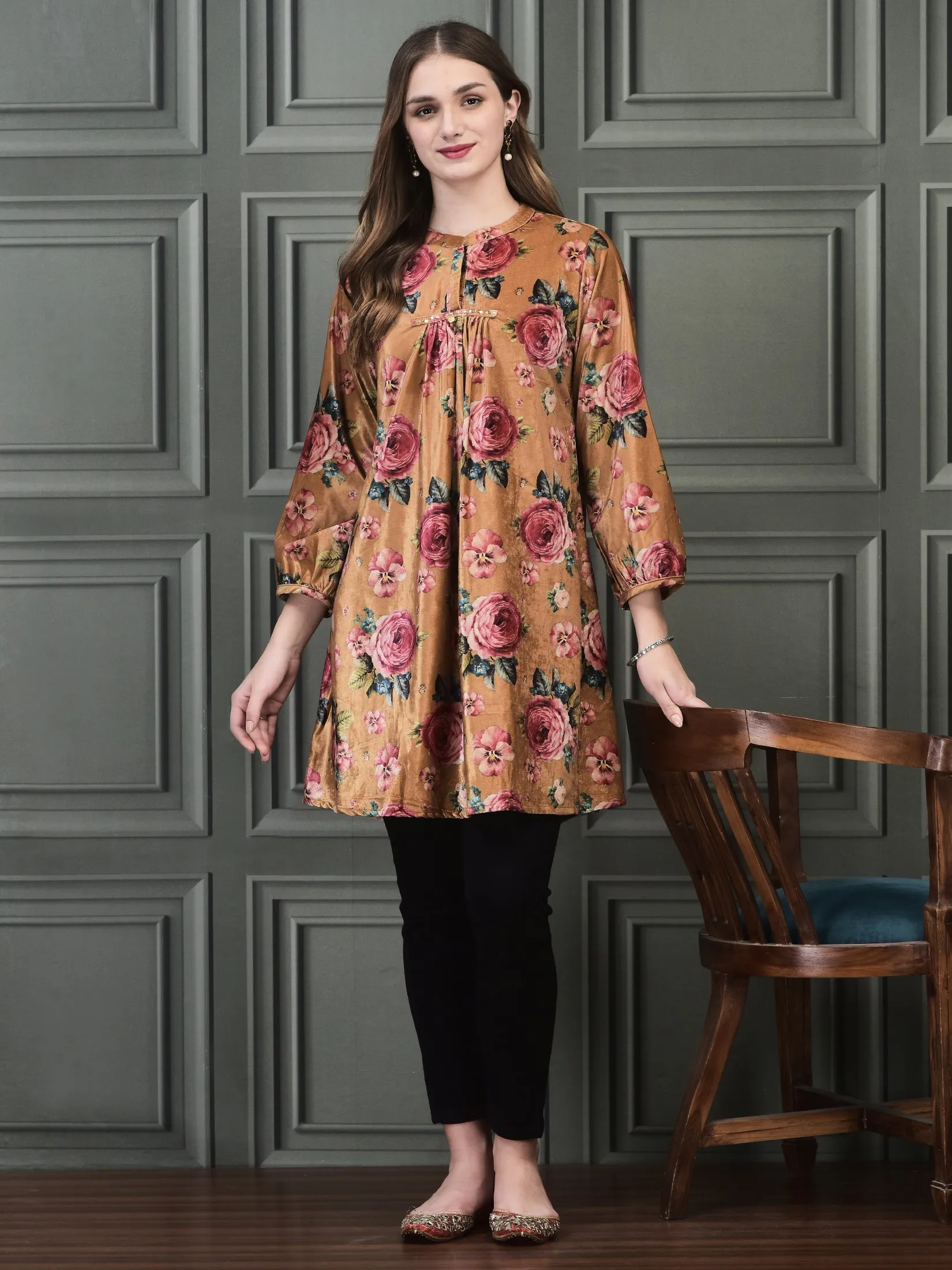 Women Winter Velvet Mustard Printed Tunic