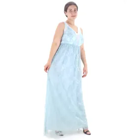 Women's Lace Panel V-Neck Long Dress,Aqua