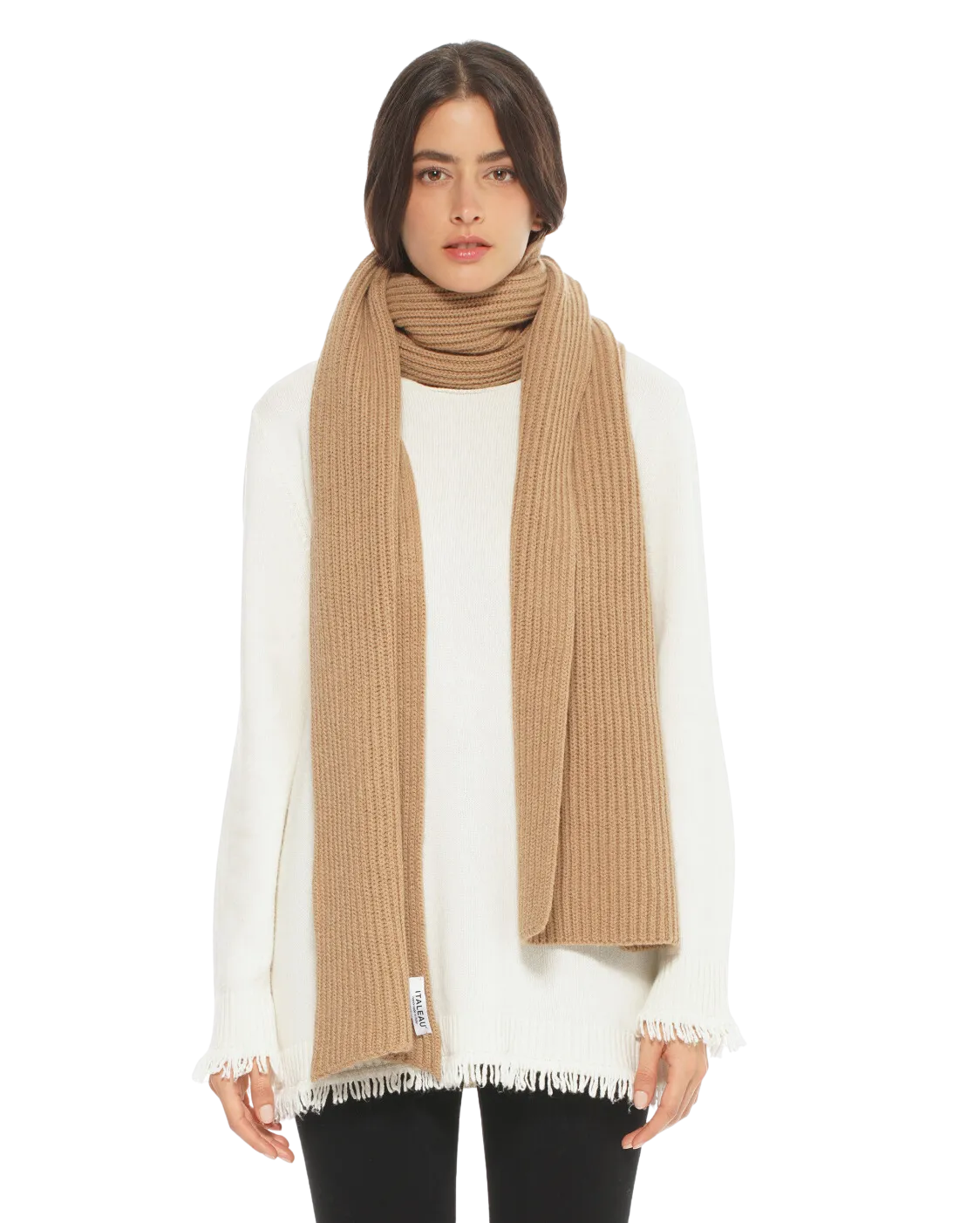 Womens's Cashmere & Wool Chunky Ribbed Scarf Camel