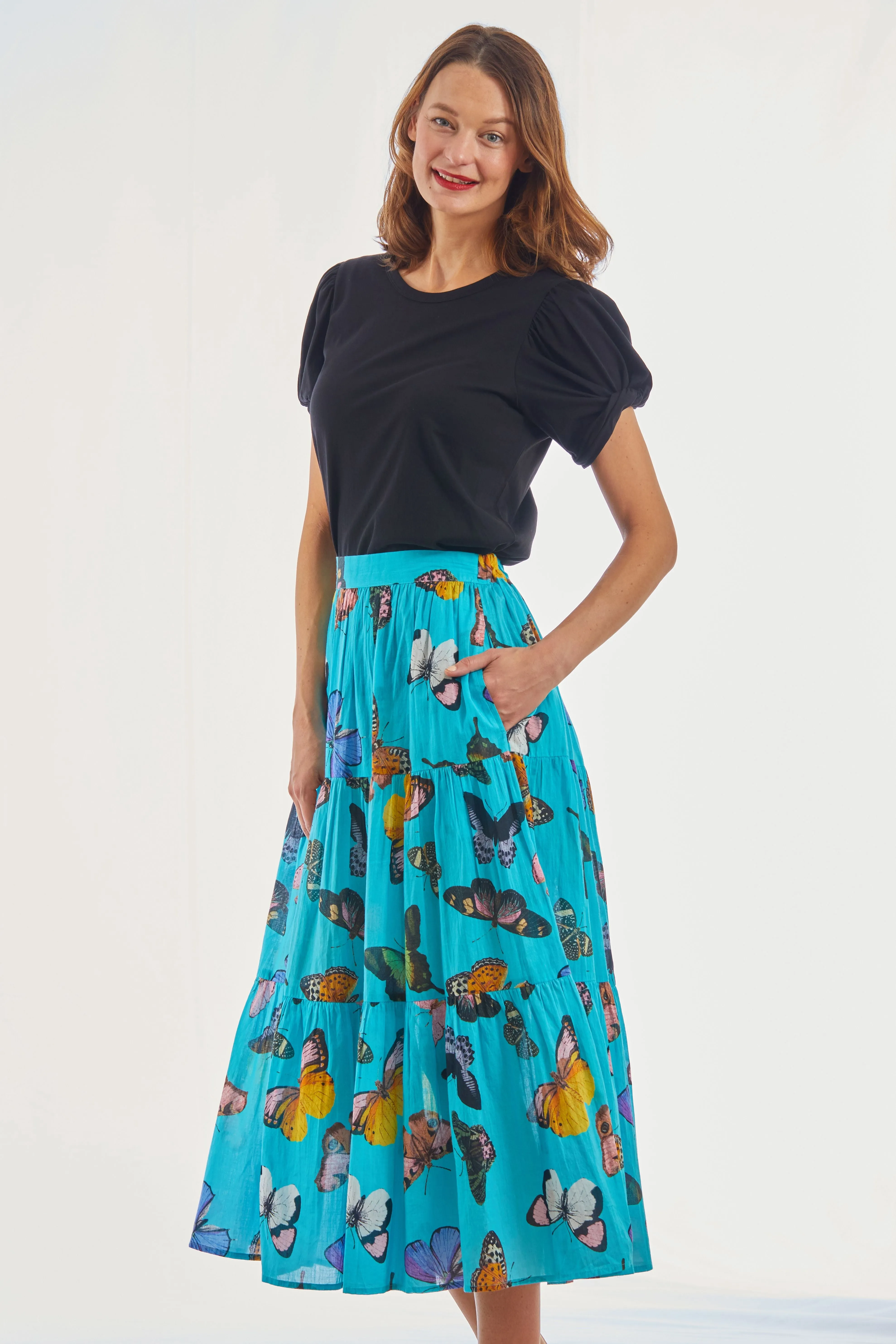 Woodstock Midi Skirt - Turquoise With Butterflies