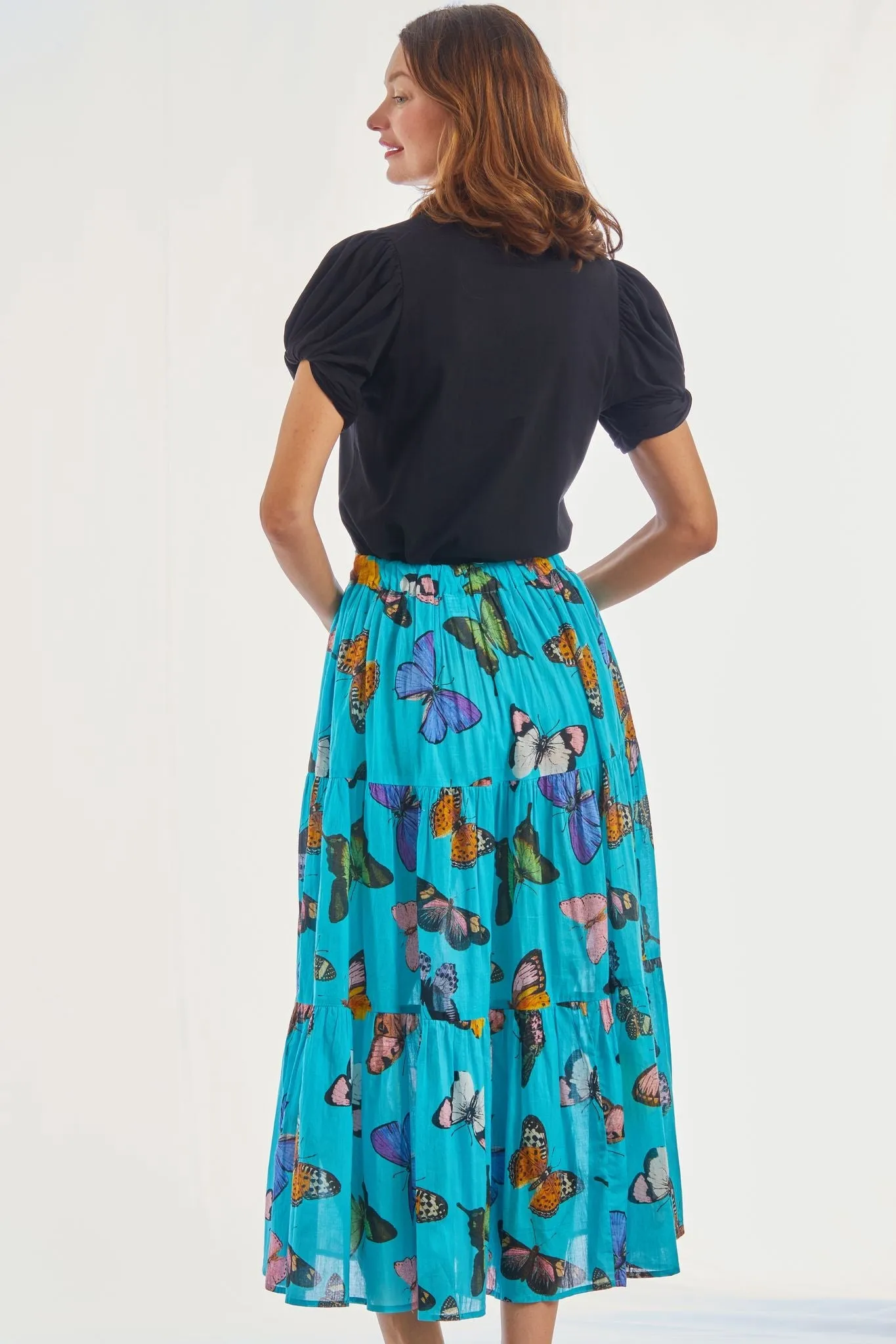 Woodstock Midi Skirt - Turquoise With Butterflies