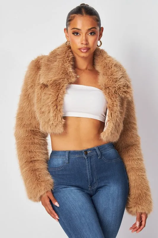 Yara Teddy Faux Fur Crop Jacket -Tan