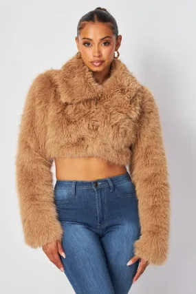 Yara Teddy Faux Fur Crop Jacket -Tan