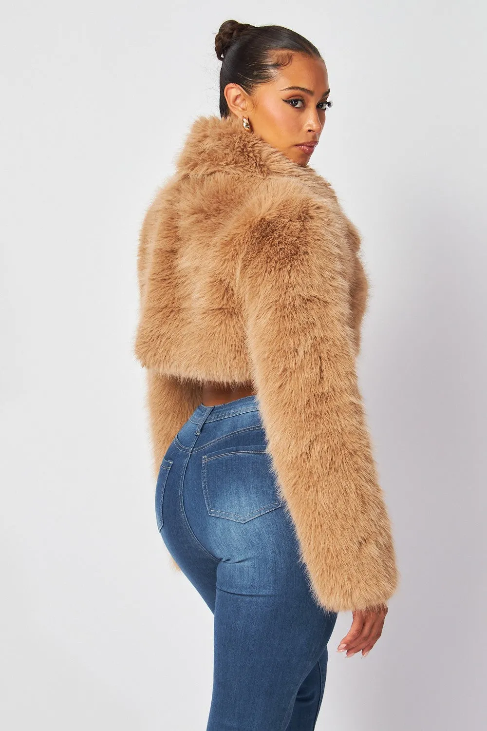 Yara Teddy Faux Fur Crop Jacket -Tan