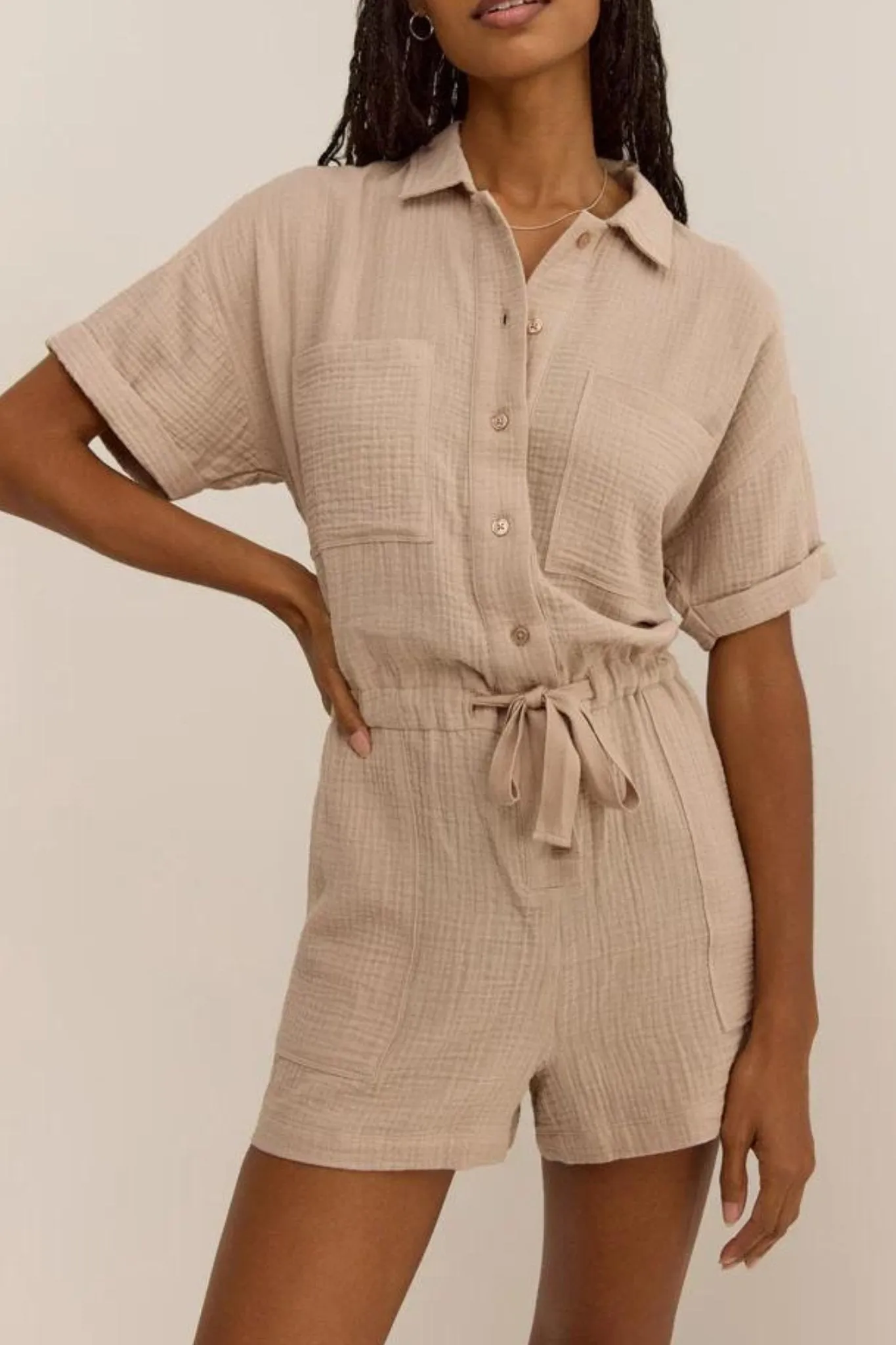 Z Supply: Lookout Gauze Romper in Putty