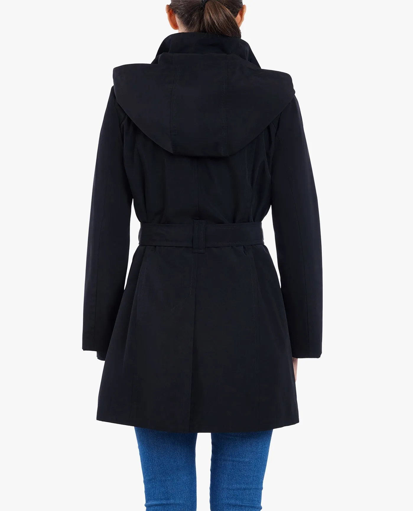 ZIP FRONT HIGH-NECK HOODED TRENCH WITH BELT